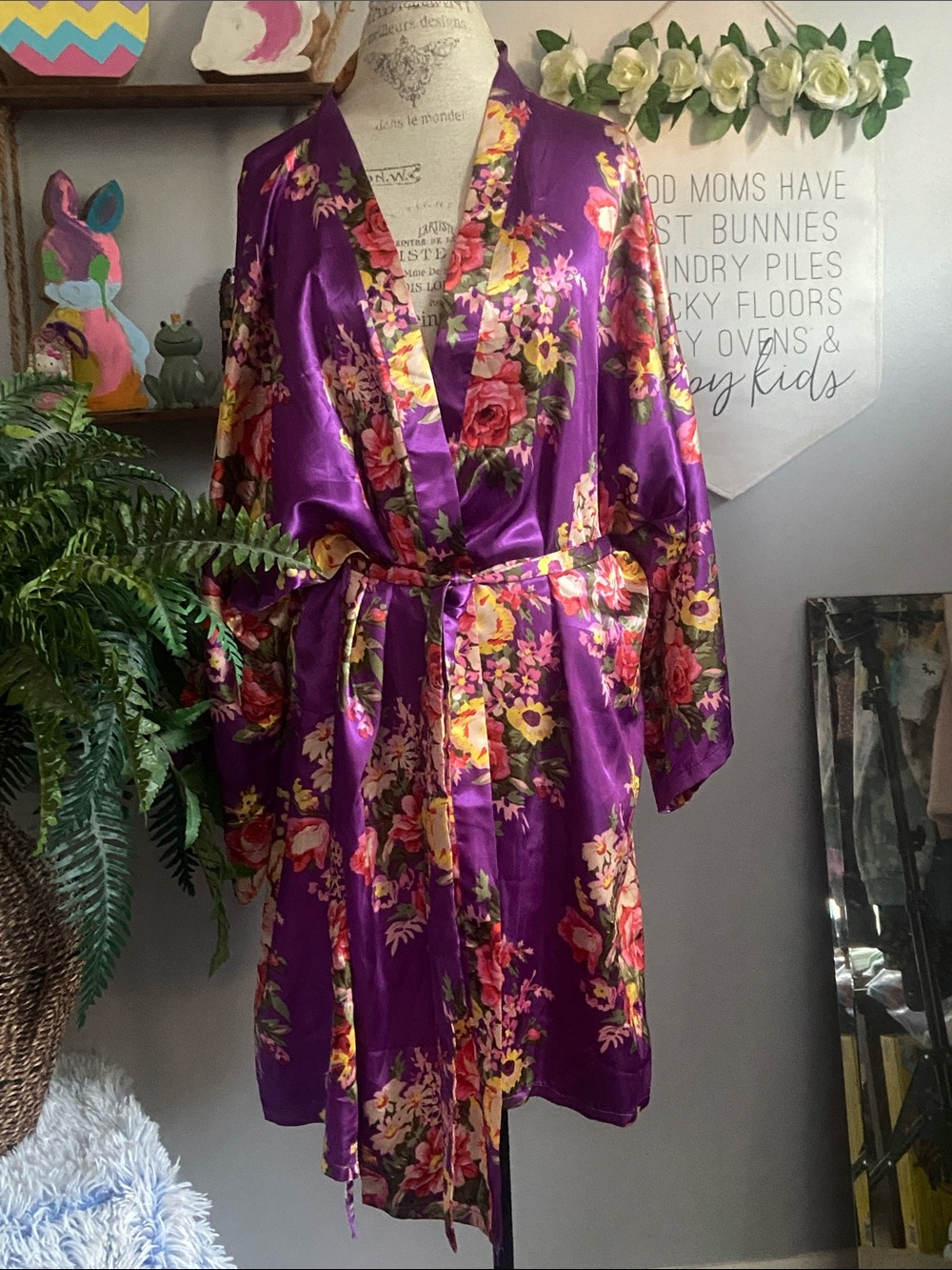 Purple Floral 2X Satin Kimono Robe w/ Self Tie Internal, and External Belt